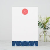 濃紺の白いいかりパターン、珊瑚のモノグラム 便箋 (スタンド正面)