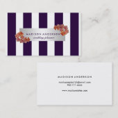 濃紺の白い上品のストライプな銀製のヴィンテージの花柄 名刺 (正面/裏面)