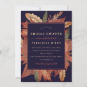 濃紺の秋の茶色の花柄のブライダルシャワー 招待状 (正面)