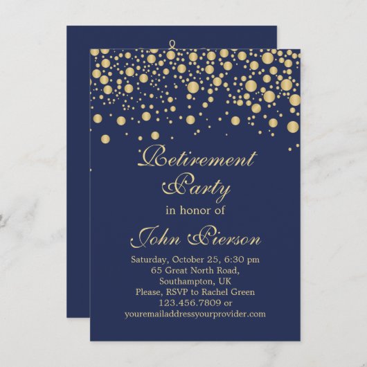 濃紺の背景に金色のコンフェッティ 退職パーティー 招待状 (正面/裏面)
