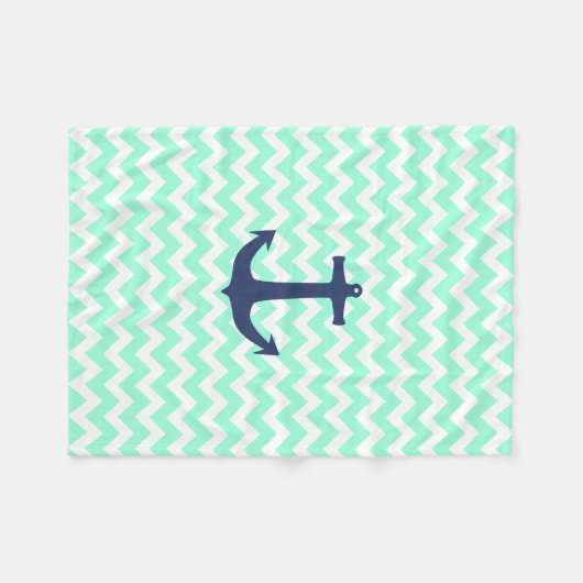 濃紺の航海のないかりのミントの青シェブロン フリースブランケット (正面(横))