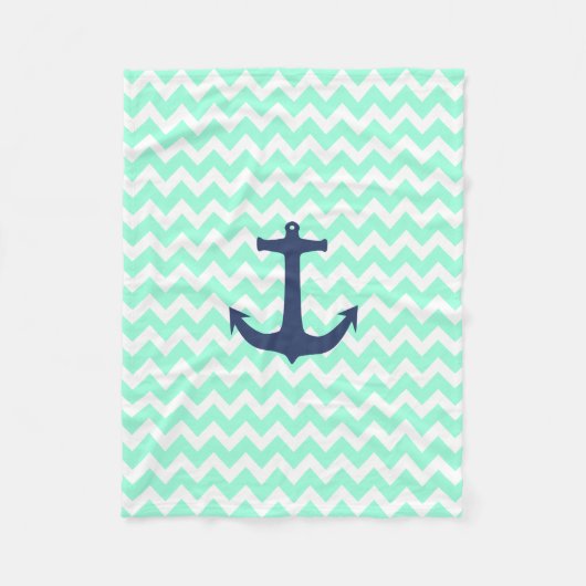 濃紺の航海のないかりのミントの青シェブロン フリースブランケット (正面)