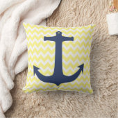 濃紺の航海のないかりの黄色の白シェブロン クッション (ブランケット)