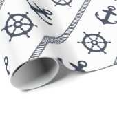 濃紺の航海のな白い船の車輪のいかり ラッピングペーパー (ロールコーナー)