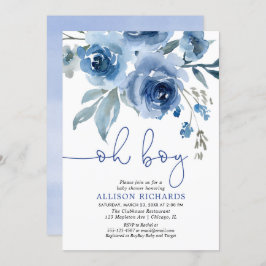 濃紺の花のエレガントな男の子のベビーシャワー 招待状