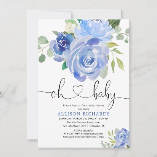濃紺の花の男の子のベビーシャワーの水彩画 招待状 (正面)