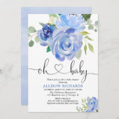 濃紺の花の男の子のベビーシャワーの水彩画 招待状 (正面/裏面)