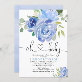 濃紺の花の男の子のベビーシャワーの水彩画 招待状