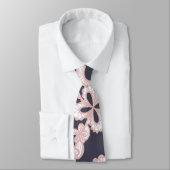 濃紺の赤面のピンクの白い花のレース ネクタイ (タイ)