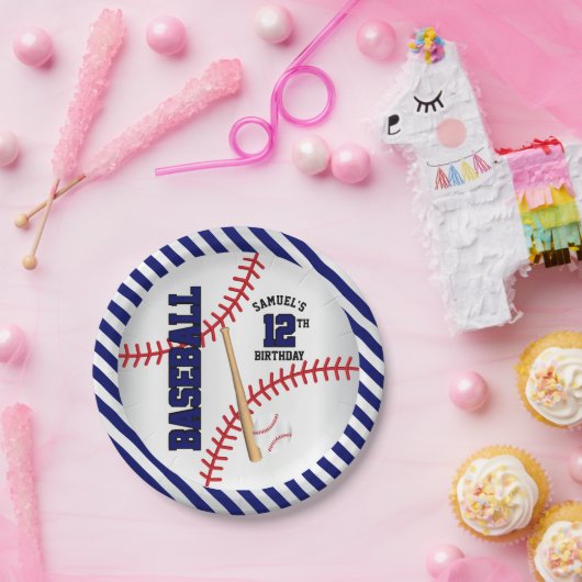 濃紺の野球の誕生日のデザイン|は個人化なります ペーパープレート (パーティー)