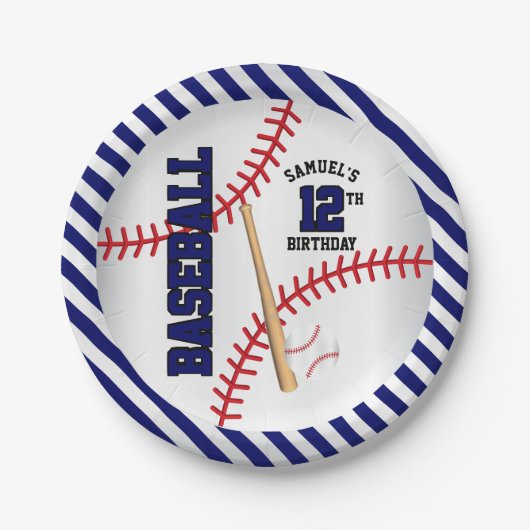 濃紺の野球の誕生日のデザイン|は個人化なります ペーパープレート (正面)