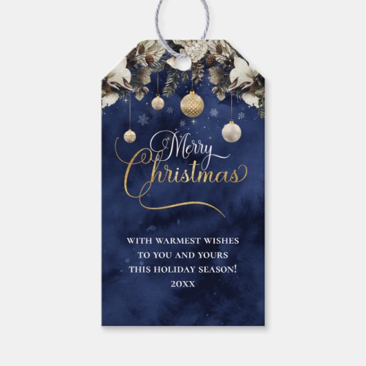 濃紺の金ゴールドの花のメリークリスマス ギフトタグ (正面)
