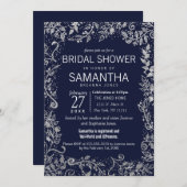 濃紺の銀の花のグリッターのブライダルシャワー 招待状 (正面/裏面)