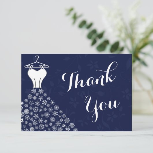 濃紺の雪片のウェディングドレスは感謝していしています サンキューカード (スタンド正面)