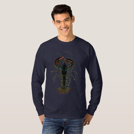 濃紺のTシャツのロブスターの水彩画 Tシャツ (正面フル)