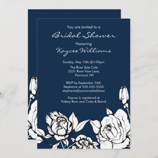 濃紺シックな花のブライダルシャワーの招待状 招待状 (正面/裏面)