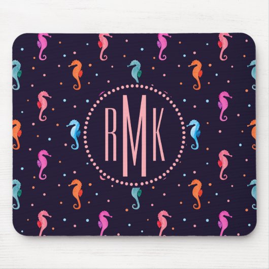 濃紺パターンの水彩画のタツノオトシゴ マウスパッド (正面)