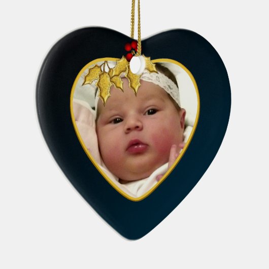 濃紺ベビーおよび金ゴールドの写真のクリスマスのハート セラミックオーナメント (右)