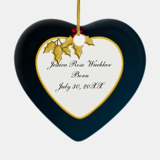 濃紺ベビーおよび金ゴールドの写真のクリスマスのハート セラミックオーナメント (裏面)