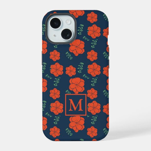 濃紺モノグラムに赤い花の模様 iPhone 15ケース (裏面)