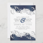 濃紺及び白の花の渦巻の結婚式招待状 招待状 (正面)