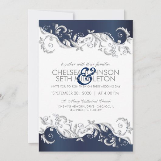 濃紺及び白の花の渦巻の結婚式招待状 招待状 (正面)
