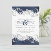 濃紺及び白の花の渦巻の結婚式招待状 招待状 (スタンド正面)