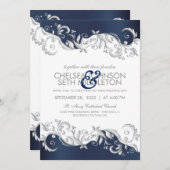 濃紺及び白の花の渦巻の結婚式招待状 招待状 (正面/裏面)