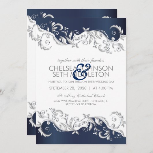 濃紺及び白の花の渦巻の結婚式招待状 招待状 (正面/裏面)