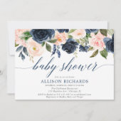 濃紺及び赤面のピンクの花のエレガントなベビーシャワー 招待状 (正面)