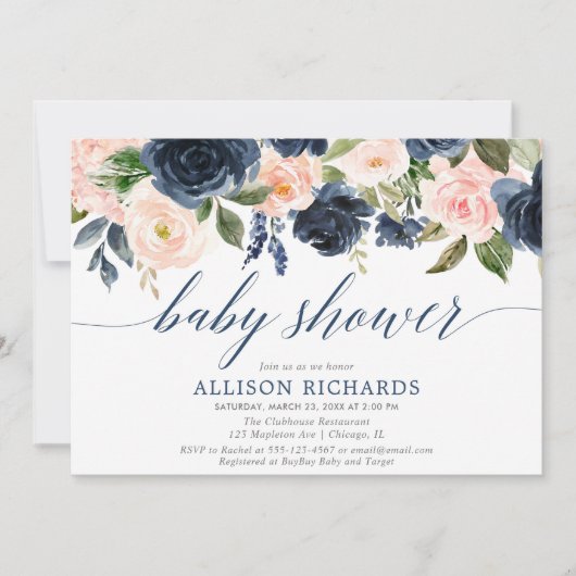 濃紺及び赤面のピンクの花のエレガントなベビーシャワー 招待状 (正面)
