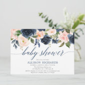 濃紺及び赤面のピンクの花のエレガントなベビーシャワー 招待状 (スタンド正面)