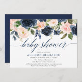 濃紺及び赤面のピンクの花のエレガントなベビーシャワー 招待状 (正面/裏面)