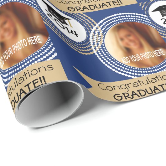 濃紺及び金ゴールドの点々のあるな円の写真の卒業 ラッピングペーパー (ロールコーナー)