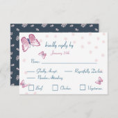 濃紺 ピンク 蝶 返信カード RSVP (正面/裏面)