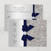 濃紺　フェイクボウ　シルバー　スパンコール　ダイヤモンド　RSVP 出欠カード (正面/裏面)