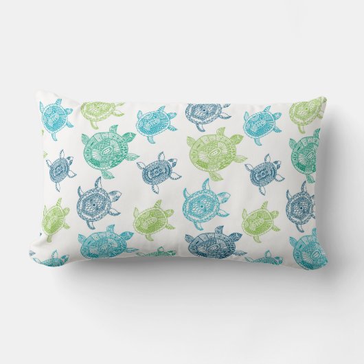 濃紺+水+ライムグリーン+ティール（緑がかった色）のウミガメ ランバークッション (正面)
