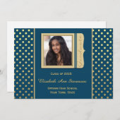 濃紺、金ゴールドの水玉模様、卒業の写真 招待状 (正面/裏面)