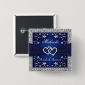 濃紺、Pinを結婚している銀製の花のメイド・オブ・オーナー（花嫁付き添い人） 缶バッジ (正面&裏面)