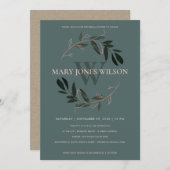 濃緑色ピンクの茎葉リースブライダルシャワーカード サンキューカード (正面/裏面)