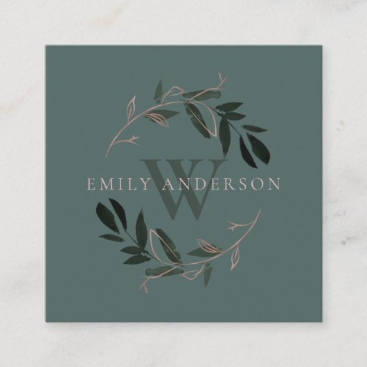 濃緑色ピンク動物イニシャルリースプロフェッショナル スクエア名刺 (正面)