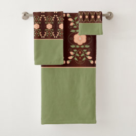 濃茶色の桃と緑 バスタオルセット