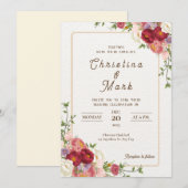 濃赤の花。 フラワーロマンティックウェディング 招待状 (正面/裏面)