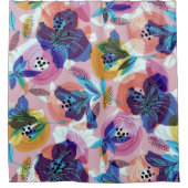 濃青の繊細な花のコラージュ シャワーカーテン (正面)