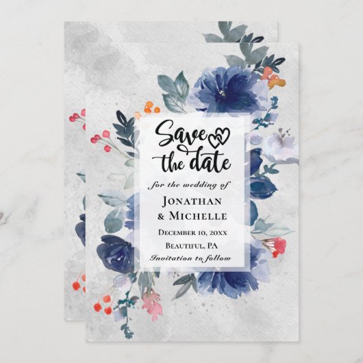 濃青の花と赤い実の花束 ウェディング セーブザデート (正面/裏面)