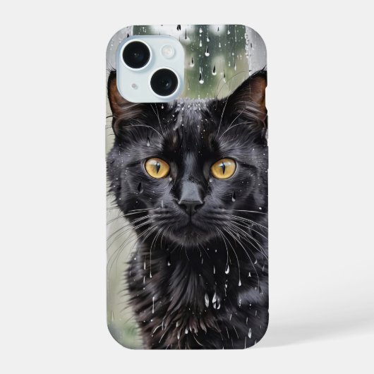 濡れた窓辺の黒猫 iPhone 15ケース (裏面)