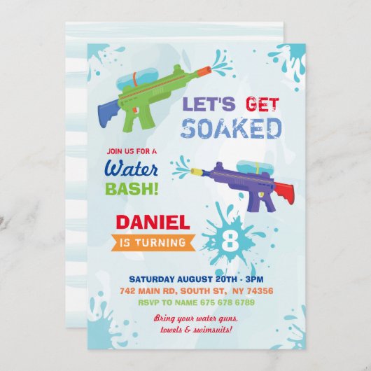 濡れ水鉄砲パーティー誕生日招待状 招待状 (正面/裏面)