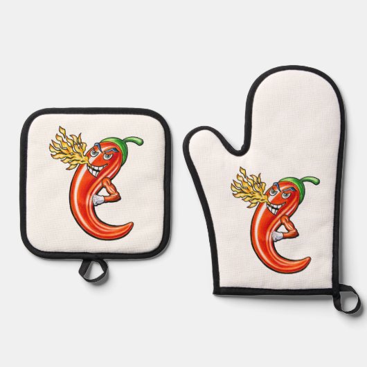 火おもしろいの上のスパイシーなチリ 鍋つかみ&鍋敷きセット (正面)