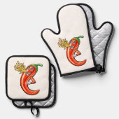 火おもしろいの上のスパイシーなチリ 鍋つかみ&鍋敷きセット (正面/裏面)