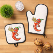 火おもしろいの上のスパイシーなチリ 鍋つかみ&鍋敷きセット (トップダウン)